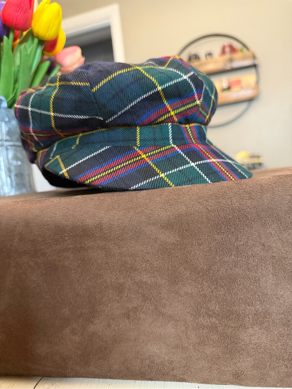 **COA** Burberry Green Tartan Plaid Newsboy Cap with Red and Yellow Accents